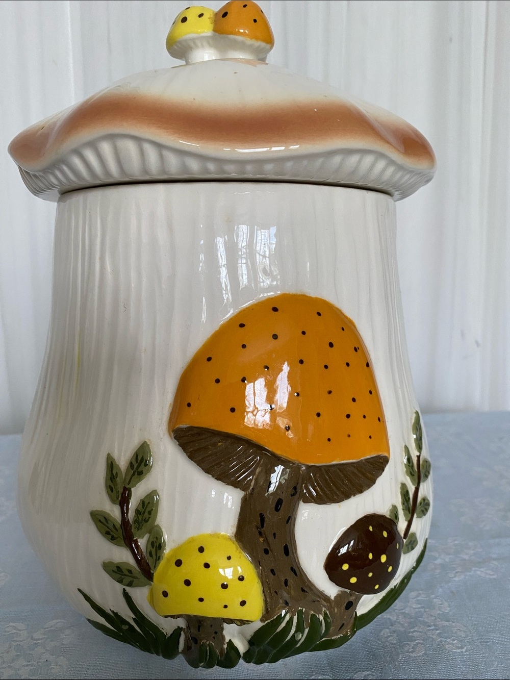 Vintage 70’s Cookie Jar Ceramic Mushroom Canister in Yellow and Orange